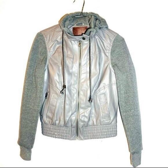 Gray Faux Leather Knit Hoodie Jacket Zip-Up Bomber Style Streetwear Size Small - Picture 1 of 8